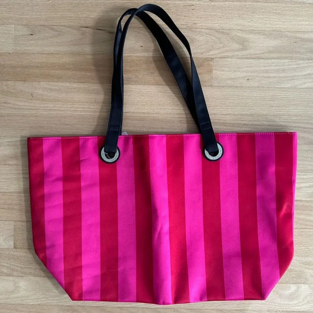 Victoria's Secret Pink Striped Tote Bag NWD Rhinestone Logo Satin Shoulder Bag